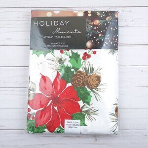 Holiday Fabric Tablecloth 60x84 Christmas Poinsettia Flowers Pinecones Cotton